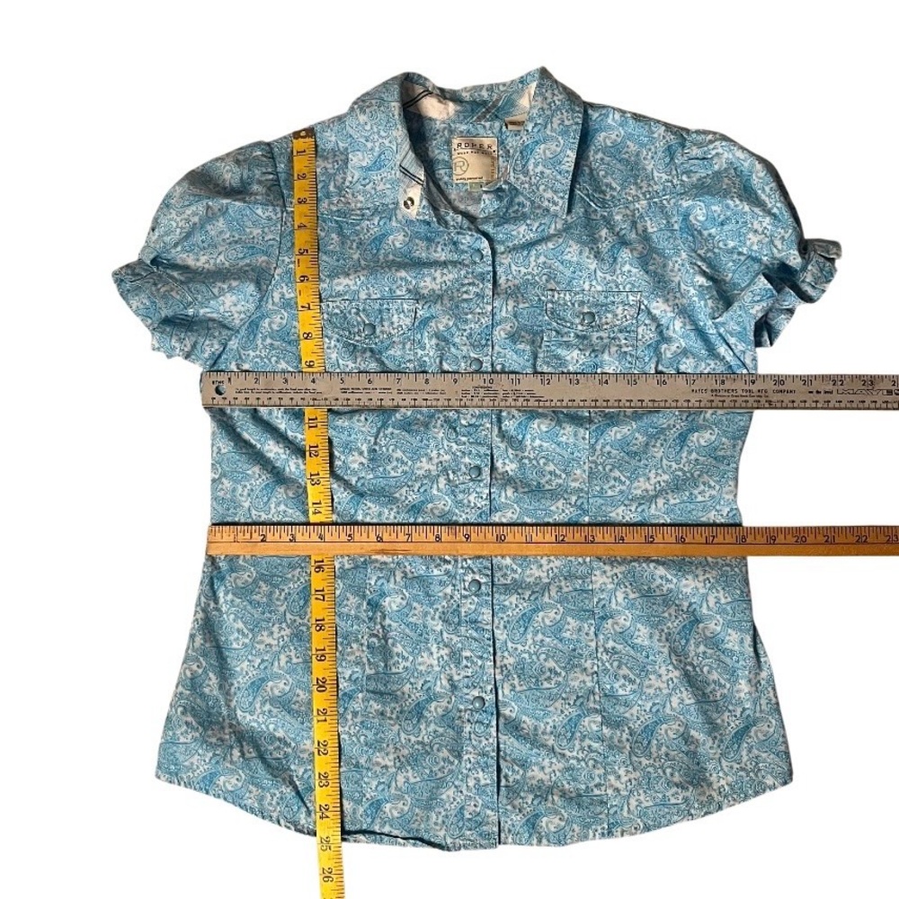 ROPER Blue Western Blouse Pearl Snaps Short Puff Sleeves Paisley Size Large - Picture 7 of 10
